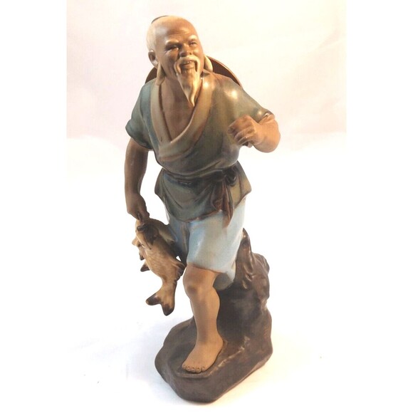 Chinese Shiwan Artistic Ceramic Mudman Fisherman Glazed Figurine 9.5" tall vtg - Picture 2 of 10